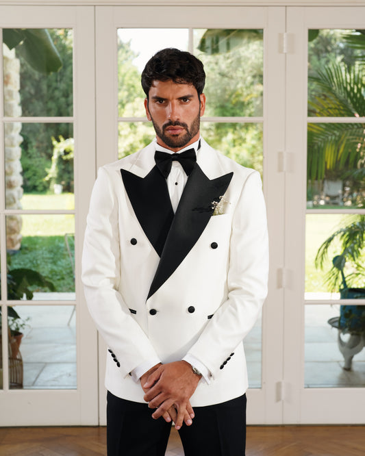 4-Button White Double-Breasted Tuxedo with Black Satin Peak Lapel