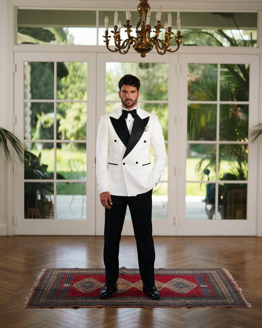 4-Button White Double-Breasted Tuxedo with Black Satin Peak Lapel