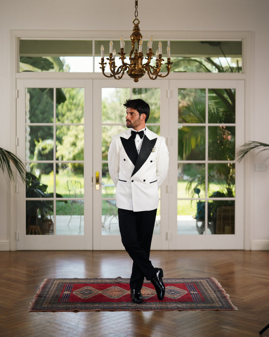 4-Button White Double-Breasted Tuxedo with Black Satin Peak Lapel